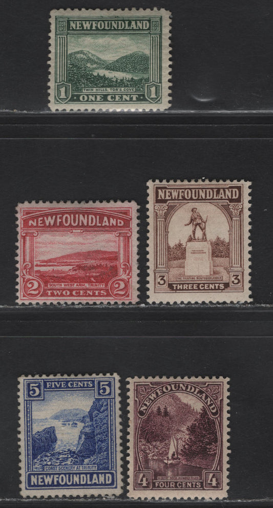 Lot 116 (C) Newfoundland #131-135 1c - 5c Bottle Green - Ultramarine Twin Hills - Coast of Trinity, 1923-1924 Pictorial Issue, 5 F/VFOG & Unused Singles, Papers WM-F & WM-M, Various Perfs