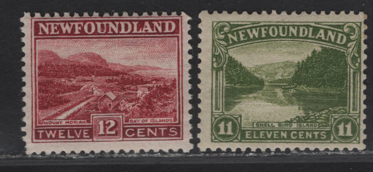 Lot 119 (C) Newfoundland #140-141 11c - 12c Olive reen - Lake Shell Bird Island - Mt Moriah, 1923-1924 Pictorial Issue, 2 FOG Singles, Paper WM-N, 12c Shows Unlisted Re-entry Showing Doubling Of Inner Right Frame Of Value Tablet & Letters of Land