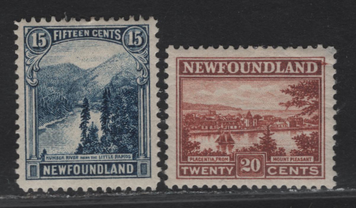 Lot 120 (C) Newfoundland #142-143 15c - 20c Dark Blue - Red Brown Little Rapids - Placentia, 1923-1924 Pictorial Issue, 2 F/VFOG Singles, Paper WM-G (15c) & WM-N (20c), 15c Is Line Perf 14, 20c Is Comb 14x13.8.