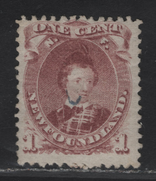 Lot 12 (C) Newfoundland #32A 1c Brown Lilac Edward, Prince of Wales, 1868-1894 2nd Cents Issue, A Fine Used Single, Paper Cents-AA, Tiny Manuscript Cancel That Has Been Regummed To Appear Mint, Perf 11.75x12.