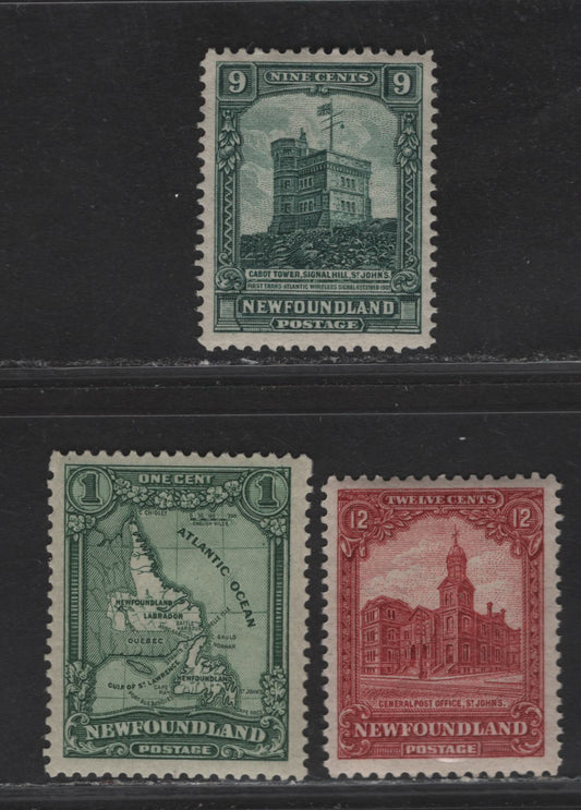 Lot 122 (C) Newfoundland #145, 152, 154 1c - 12c Deep Green - Brown Carmine Map of (C) Newfoundland - General Post Office, 1928 Pictorial Issue, 3 Very Good/Very Fine Used Singles, Papers WM-F (1c), WM-H (9c) & WM-J (12c)