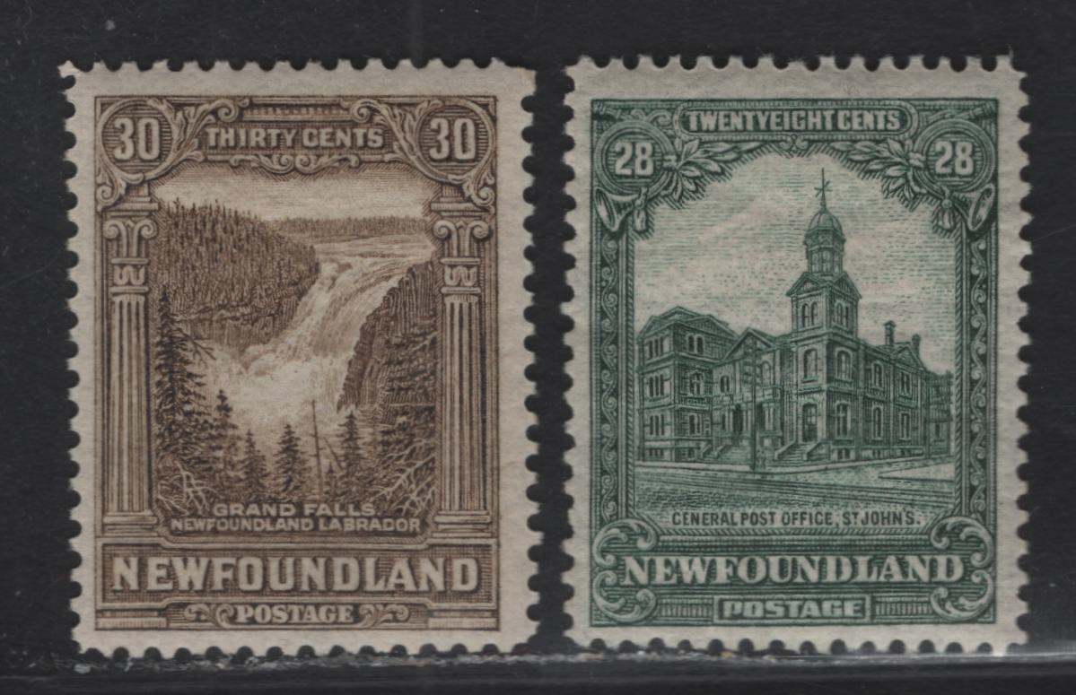 Lot 126 (C) Newfoundland #158-159 28c - 30c Gray Green - Olive Brown General Post Office - Grand Falls, 1928 Pictorial Issue, 2 FOG Singles, WM-H Line Perf 141 (28c), WM-G Line Perf 13.9x14.1 (30c)