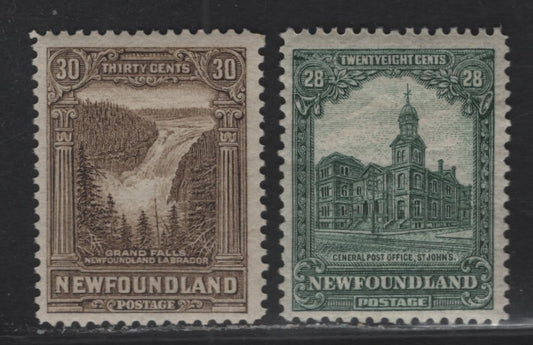 Lot 126 (C) Newfoundland #158-159 28c - 30c Gray Green - Olive Brown General Post Office - Grand Falls, 1928 Pictorial Issue, 2 FOG Singles, WM-H Line Perf 141 (28c), WM-G Line Perf 13.9x14.1 (30c)