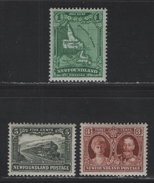 Lot 135 (C) Newfoundland #172, 174, 176 1c - 5c Green - Slate Green Map of (C) Newfoundland - Express Train, 1931 Watermarked Pictorial Issue, 3 VFOG Singles, Comb Perfs 13.6 (1c) & 13.7x14 (Rest)