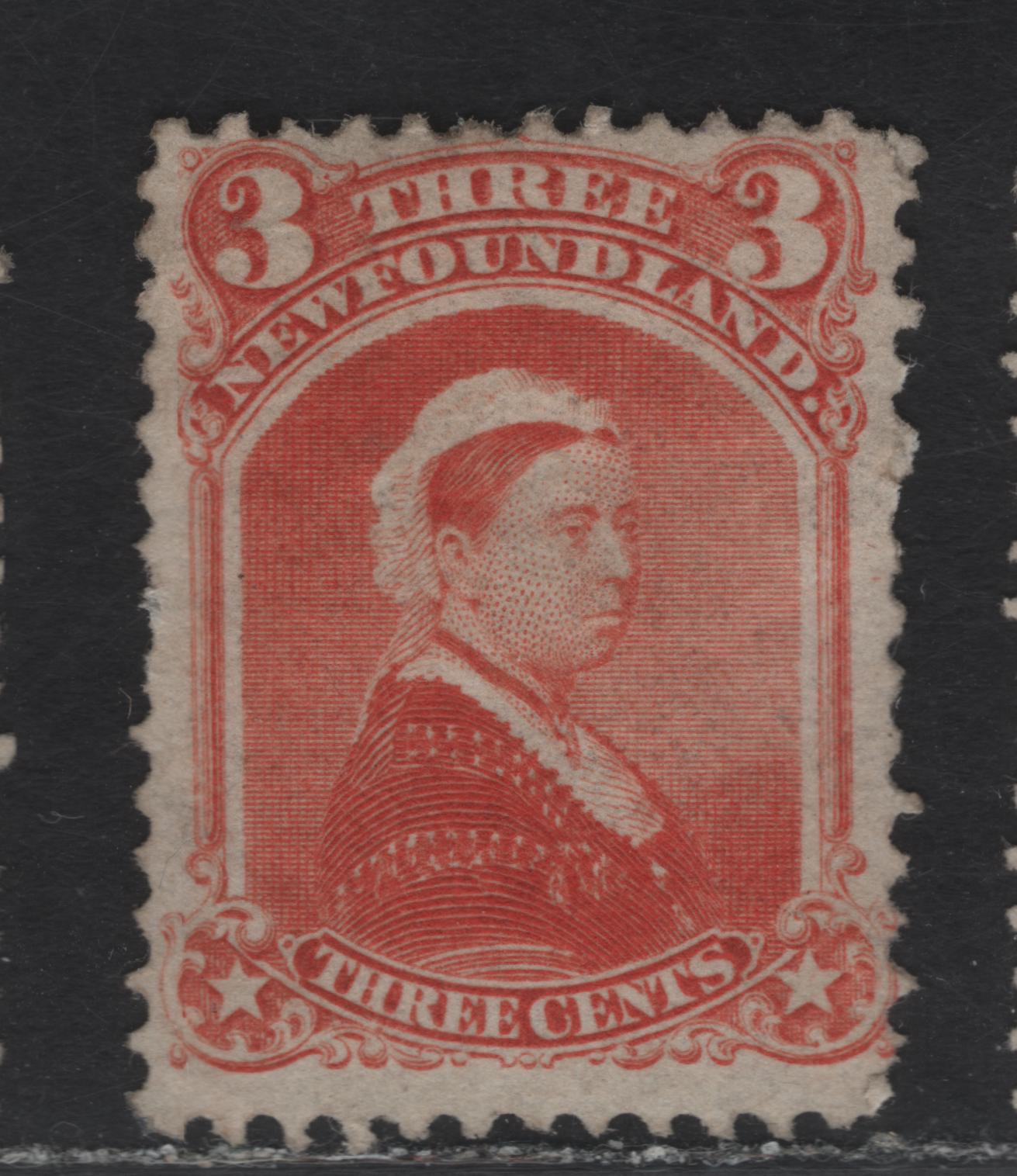 Lot 14 (C) Newfoundland #33 3c Vermillion Queen Victoria, 1868-1894 2nd Cents Issue, A Fine Unused Single, Paper Cents-Y, Perf 12