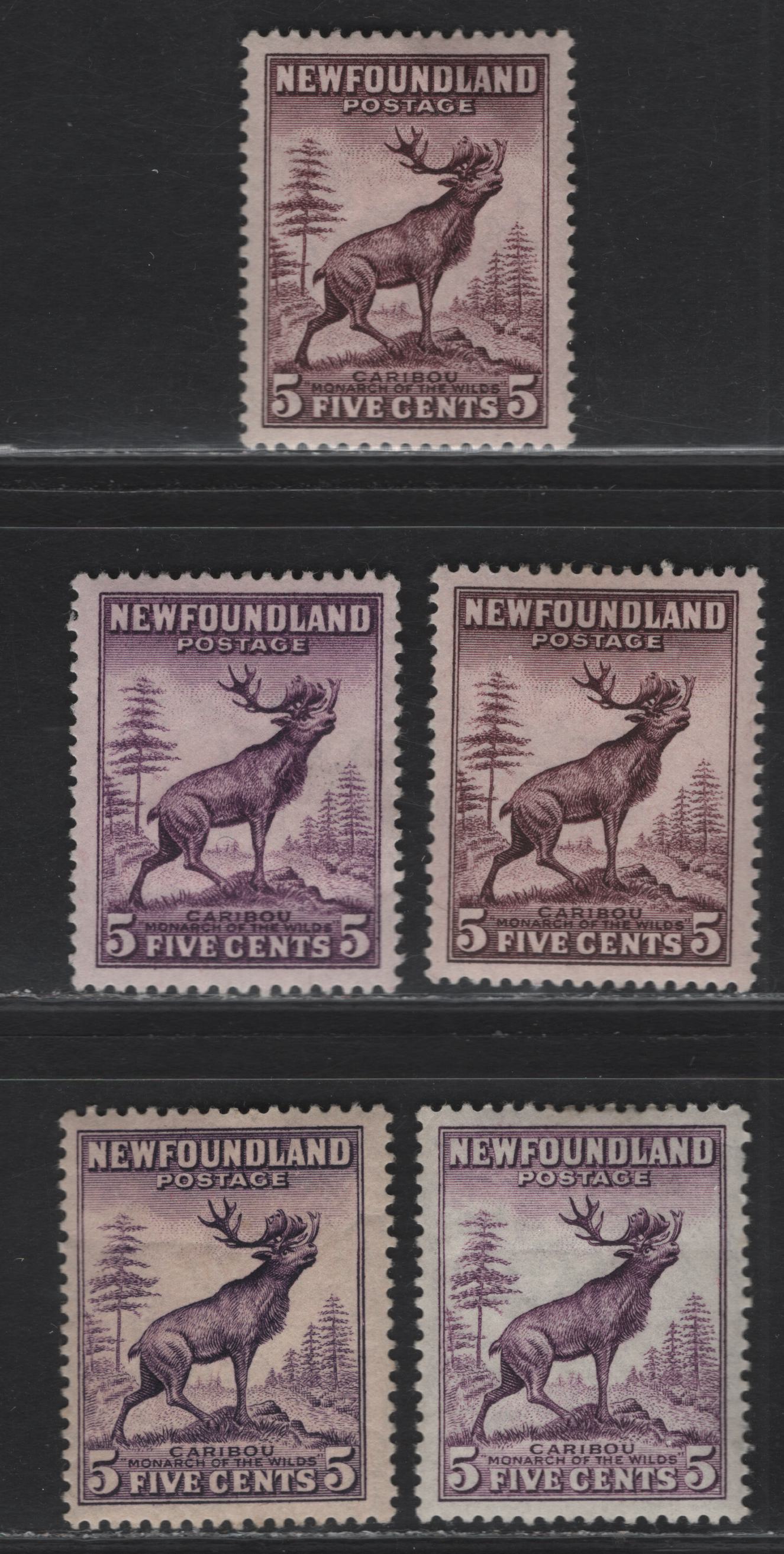 Lot 147 (C) Newfoundland #190-191a 5c Violet Brown - Violet Caribou, 1932-1937 Definitive Issue, 5 F/VFOG Singles, Perfs 13.5 & 13.5x13.4, Die 1 & 2