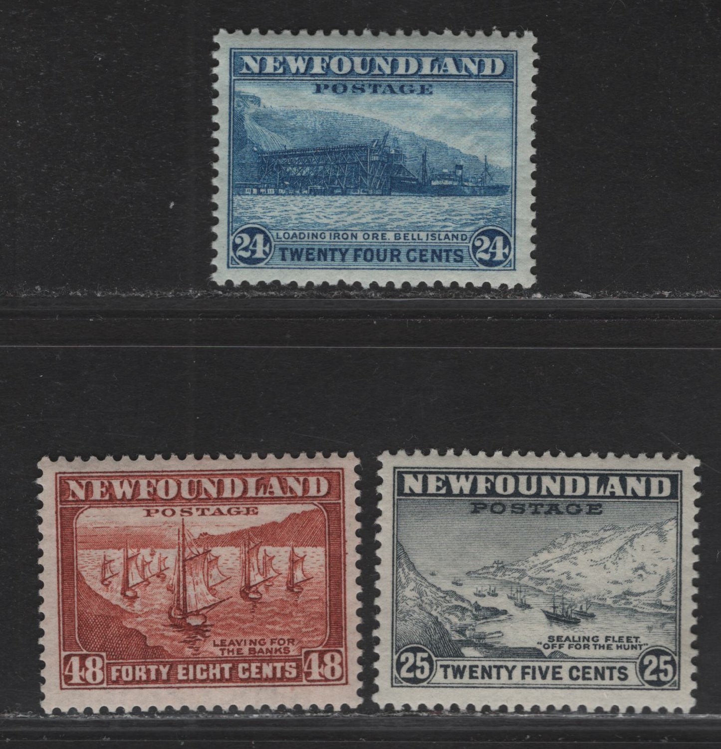 Lot 151 (C) Newfoundland #197, 199, 210 25c - 24c Gray - Prussian Blue Sealing Fleet - Loading Ore, 1932-1937 Definitive Issue, 3 VFOG Singles