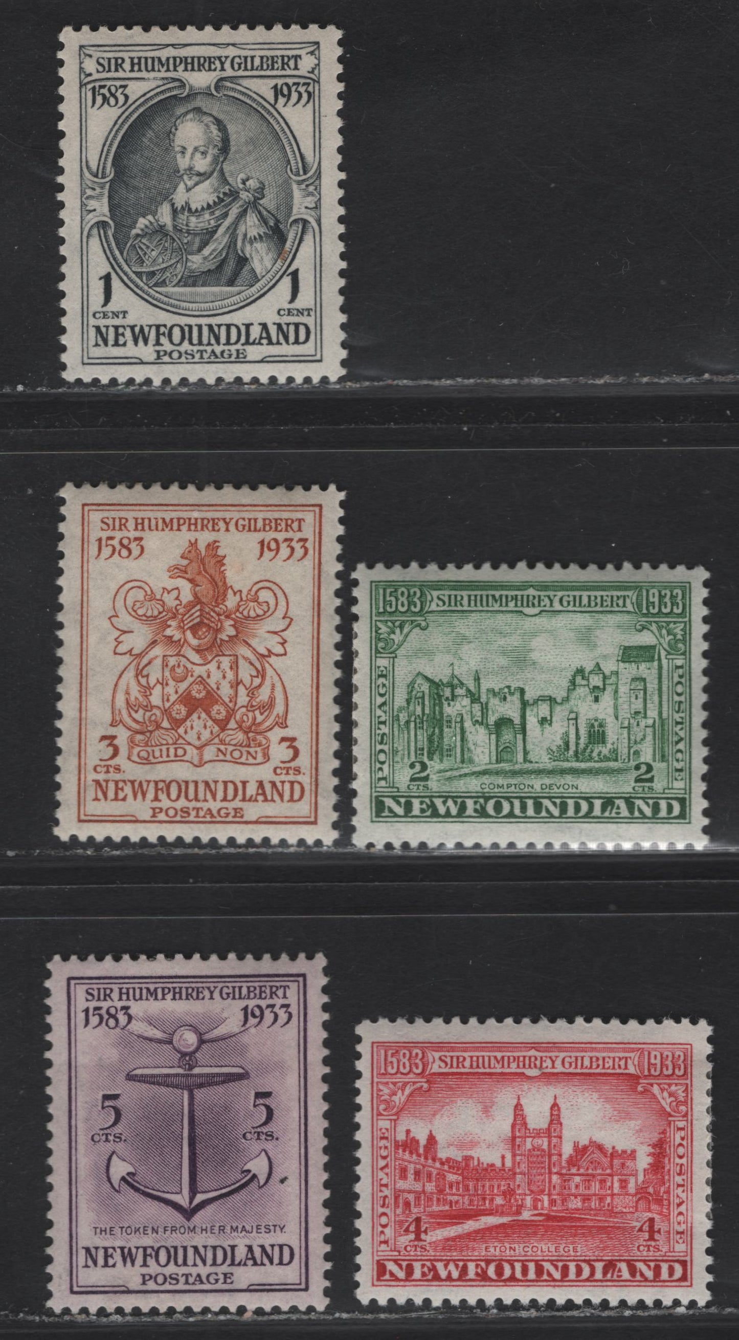 Lot 158 (C) Newfoundland #212-216 1c - 5c Gray Black - Deep Rose Lilac Sir Humphrey Gilbert - Token From Queen Elizabeth I, 1933 Sir Humphrey Gilbert Issue, 5 VFOG Singles