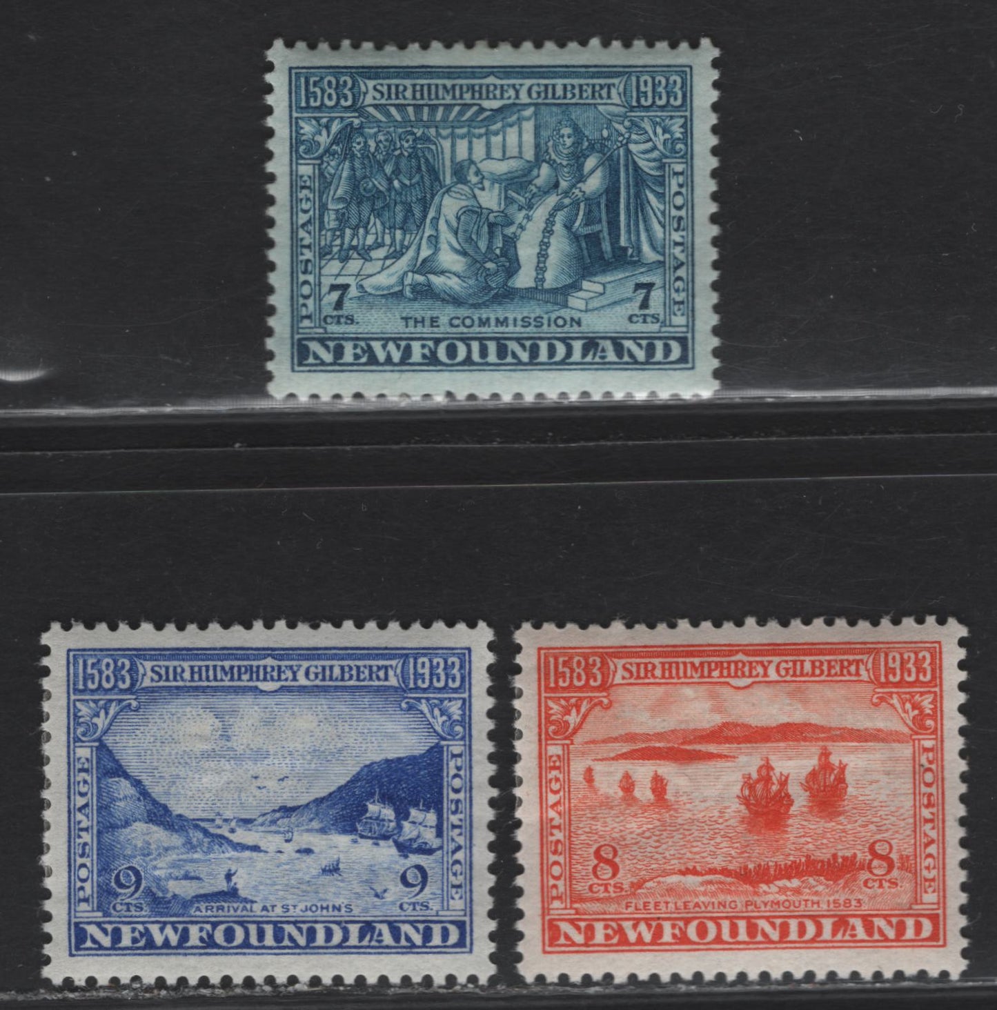 Lot 159 (C) Newfoundland #217-219 7c - 9c Prussian Blue -Ultramarine Gilbert Receiving Royal Patents - Fleet Arriving, 1933 Sir Humphrey Gilbert Issue, 3 VFOG Singles, Comb Perf 13.5