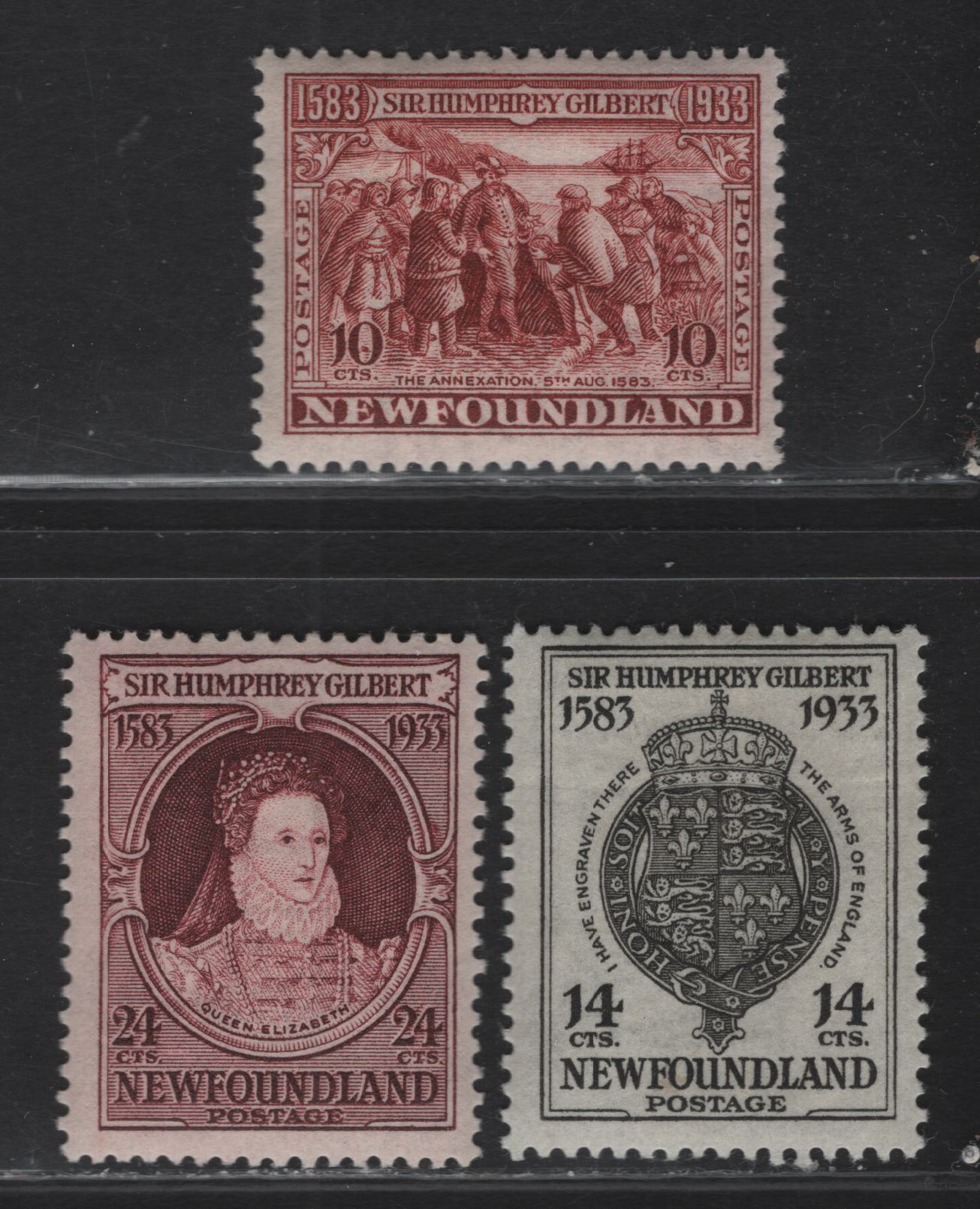 Lot 160 (C) Newfoundland #220-221, 224 10c - 24c Red Brown - Claret Brown Annexation of (C) Newfoundland - Queen Elizabeth II, 1933 Sir Humphrey Gilbert Issue, 3 F/VFOG Singles, Comb Perf 13.5