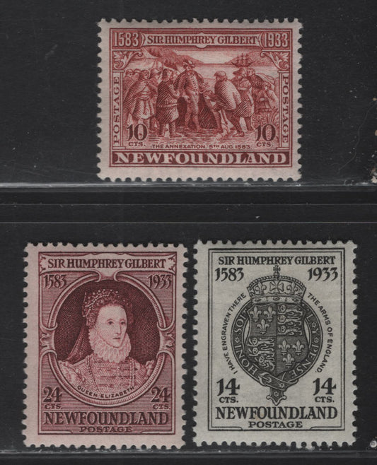 Lot 160 (C) Newfoundland #220-221, 224 10c - 24c Red Brown - Claret Brown Annexation of (C) Newfoundland - Queen Elizabeth II, 1933 Sir Humphrey Gilbert Issue, 3 F/VFOG Singles, Comb Perf 13.5