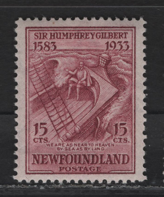 Lot 162 (C) Newfoundland #222i 15c Claret Gilbert on the Squirrel, 1933 Sir Humphrey Gilbert Issue, A VFOG Single, Inverted Wmk