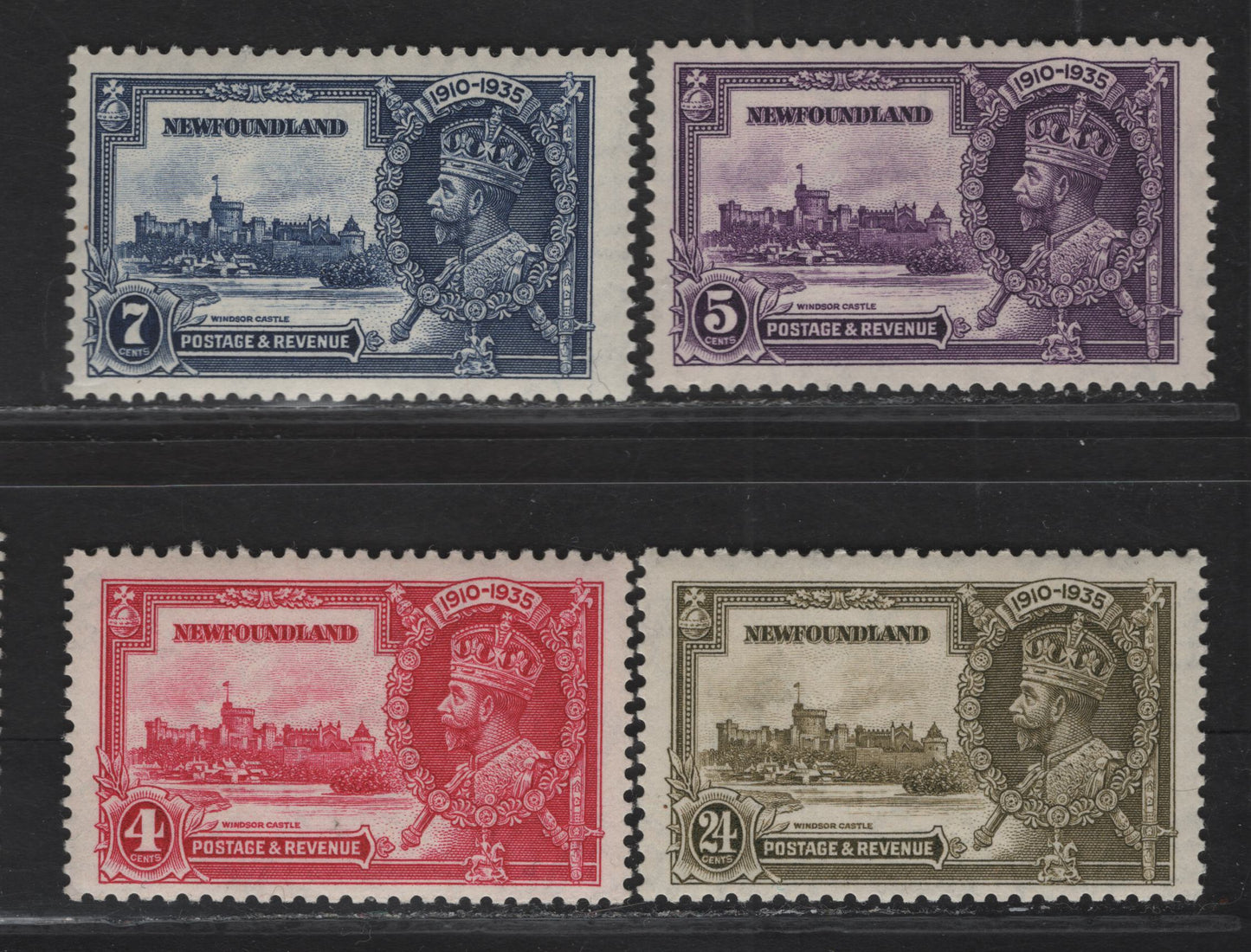 Lot 164 (C) Newfoundland #226-229 4c - 24c Bright Rose - Olive Green King George V & Windsor Castle, 1935 Silver Jubilee Issue, 4 F/VFOG/NH Singles