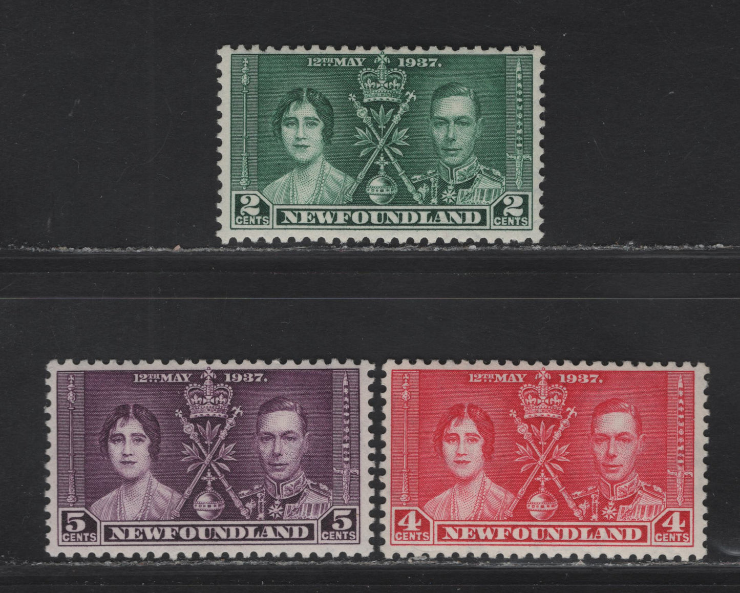 Lot 165 (C) Newfoundland #230-232 2c - 5c Deep Green - Dark Violet Queen Elizabeth & King George VI, 1937 Coronation 'Omnibus' Issue, 3 F/VFOG Singles