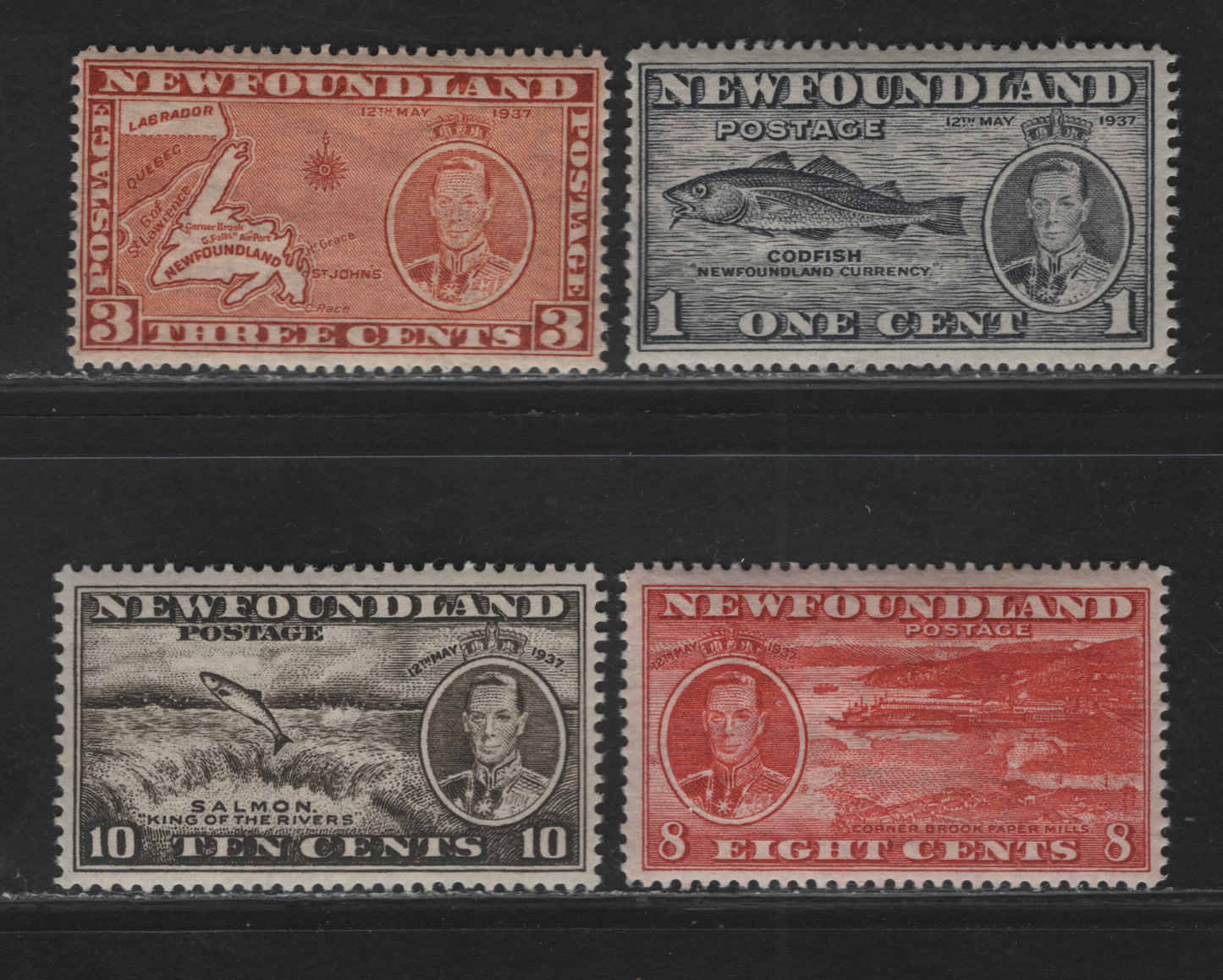 Lot 166 (C) Newfoundland #233-234, 236, 237b 1c - 8c Gray Black - Brown Red Codfish - Salmon, 1937 Long Coronation Issue, 4 F/VFOG Singles, Line perfs 14.25 (1c), 13.8 (3c & 8c) and Comb 13.4x13.3 (10c)