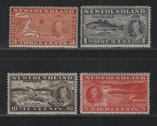 Lot 166 (C) Newfoundland #233-234, 236, 237b 1c - 8c Gray Black - Brown Red Codfish - Salmon, 1937 Long Coronation Issue, 4 F/VFOG Singles, Line perfs 14.25 (1c), 13.8 (3c & 8c) and Comb 13.4x13.3 (10c)