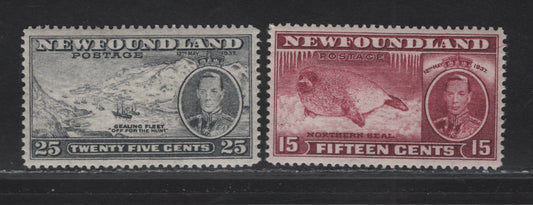 Lot 168 (C) Newfoundland #239, 242 15c - 25c Claret - Slate Harp Seal Pup - Sealing Fleet, 1937 Long Coronation Issue, 2 VFNH Singles, Line Perf 13.8