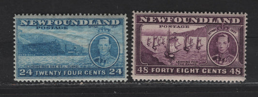 Lot 169 (C) Newfoundland #241, 243 24c - 48c Prussian Blue - Slate Purple Loading Ore - Fishing Fleet, 1937 Long Coronation Issue, 2 VFNH Singles, Line Perf 13.8 & 14.25