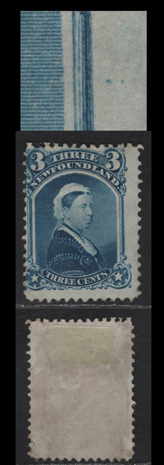 Lot 16 (C) Newfoundland #34var 3c Dark Blue Queen Victoria, 1868-1894 2nd Cents Issue, A Fine Used Single, Showing Two Guide Dots In Margin, Paper Cents-BB, Perf 12.