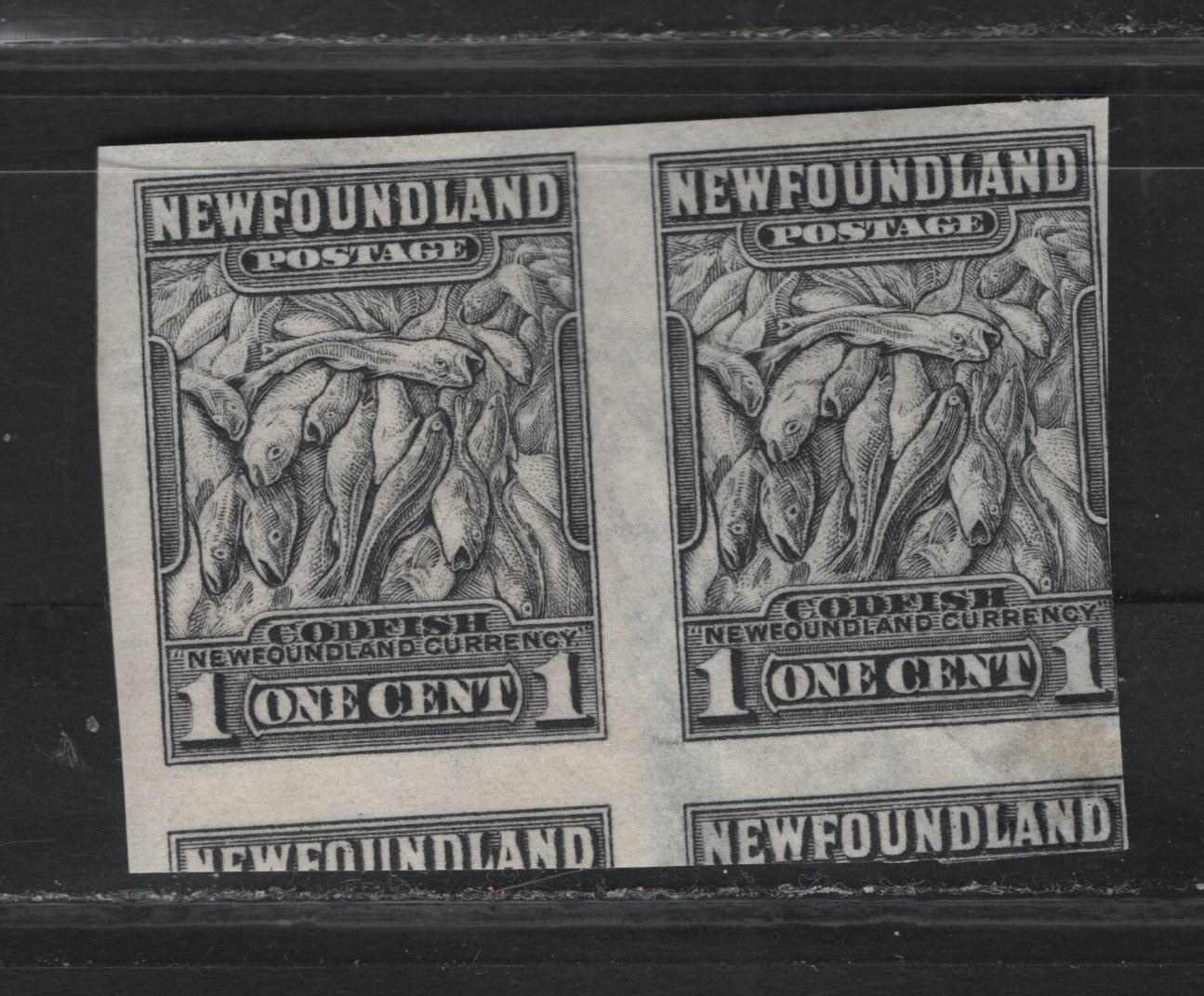 Lot 174 (C) Newfoundland #184c 1c Gray Black Codfish, 1932-1937 Definitive Issue, A VFPOG Imperf Pair, Perkins Bacon Printing, 20.4mm Wide, Right Stamp Significantly Thinned & Cut in Left Stamp, Sound, But Significant Gum Loss.