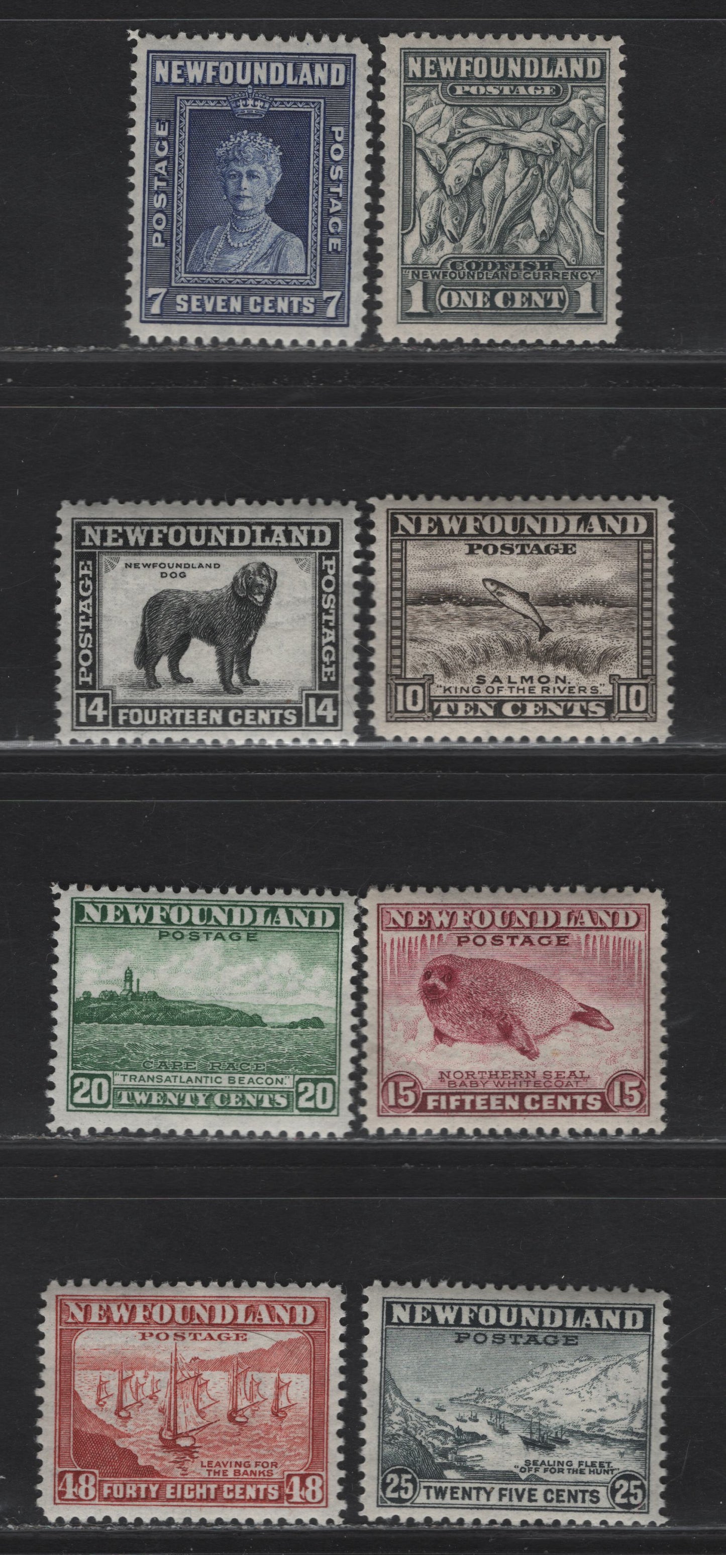 Lot 176 (C) Newfoundland #253, 258, 260-263, 265-266 1c - 48c Gray Black - Red Brown Codfish - Fishing Fleet, 1941-1944 Re-Issued Waterlow Printing Issue, 8 VFNH Singles, Perf 12.5