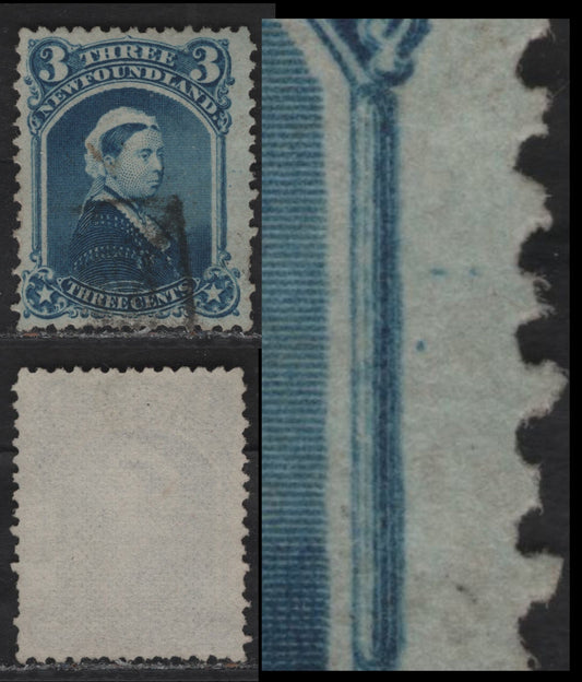 Lot 17 (C) Newfoundland #34 3c Blue Queen Victoria, 1868-1894 2nd Cents Issue, A Fine Used Single, Showing Three Guide Dots From Position 80, Paper Cents-CC, Perf 12.