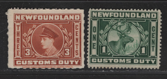 Lot 181 (C) Newfoundland Van Dam#NFC2, NFC4-5 3c - 5c Orange Brown - Red Violet Caribou, 1925-1938 Custom Duty Issues, 3 Fine Unused Singles, Rouletted 7 & perf 12