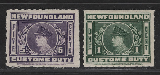 Lot 182 (C) Newfoundland Van Dam#NFC1, NFC3 1c - 5c Green - Violet Edward VIII, 1925 Custom Duty Issue, 2 F/VFOG Singles