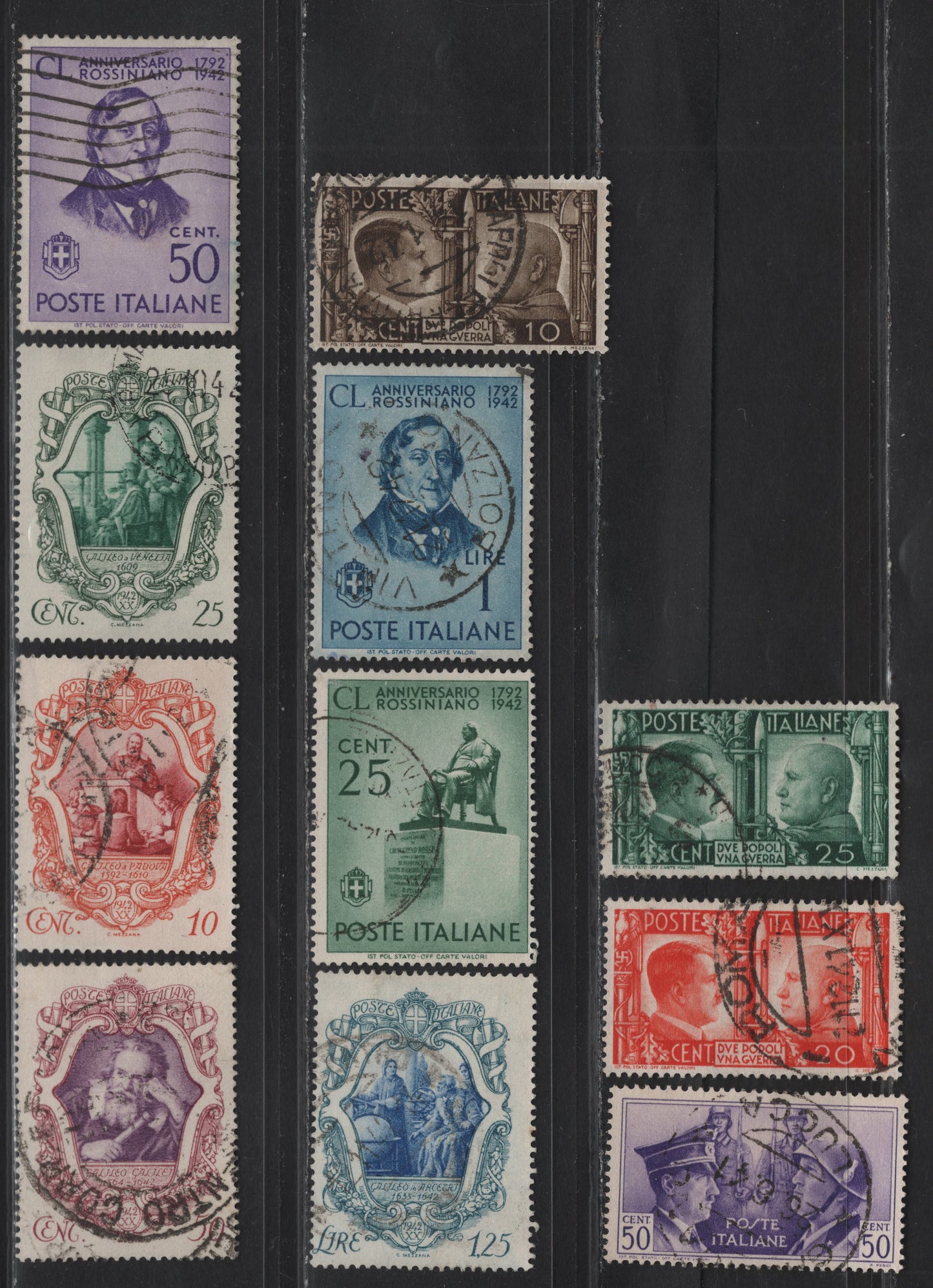 Lot 185 Italy SC#413-416, 419-423, 425-426 10c - 1l Deep Brown - Blue Hitler - Mussolini - Rossini, 1941-1942  , 11 Fine/Very Fine Used Singles