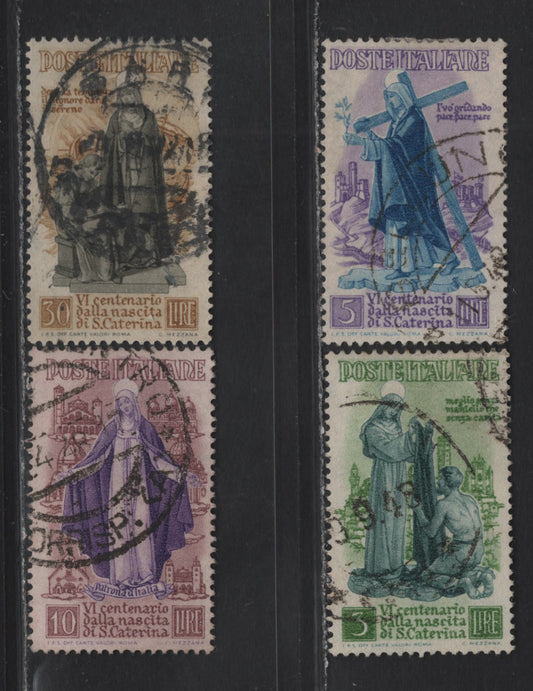 Lot 186 Italy SC#489-492 3l - 30l Yellow Green & Gray Green - Bistre & Gray Brown St Catherine, 1948 600th Birth Anniv of St Catherine Issue, 4 Very Fine Used Singles, Cancel on 30L is Smudgy But Likely Good