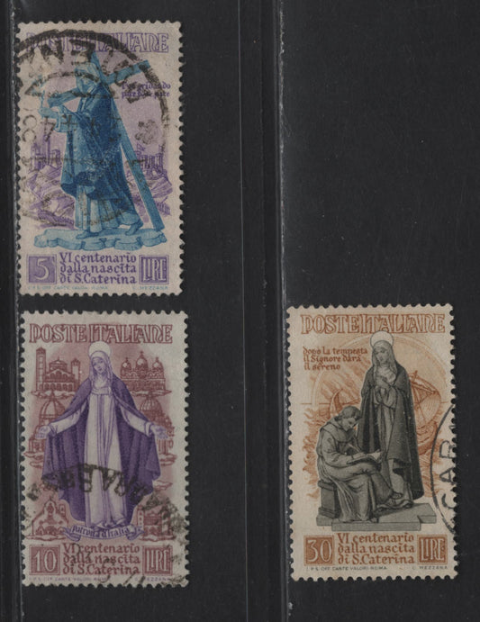 Lot 187 Italy SC#490-492 5l - 30l Violet & Blue - Bistre & Gray Brown St Catherine, 1948 600th Birth Anniv of St Catherine Issue, 3 Very Fine Used Singles, Cancel on 30L Is Likely CTO, Valued Based On Mint