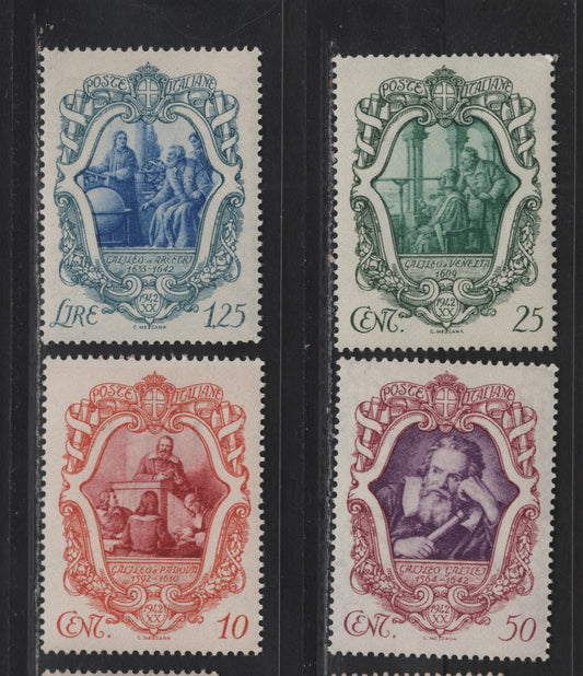Lot 188 Italy SC#419-422 10c - 1.25l Dark Orange & Lake - Prussian Blue & Ultramarine Galileo, 1942 Galileo Issue, 4 VFNH Singles