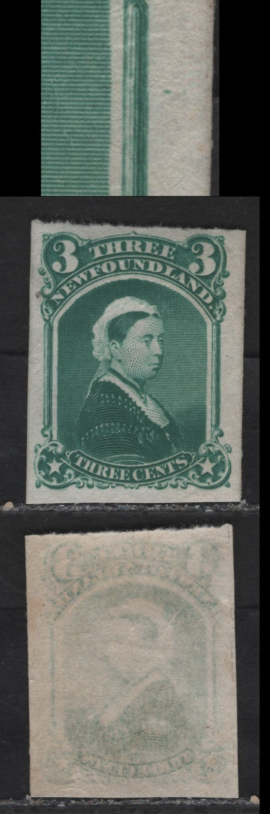 Lot 18 (C) Newfoundland #33TCvii 3c Blue Green Queen Victoria, 1868-1894 2nd Cents Issue, A Very Fine Unused Single, White Wove Paper, Trial Color Proof, No Gum as Printed, Shows Two Guide Dots In Margin
