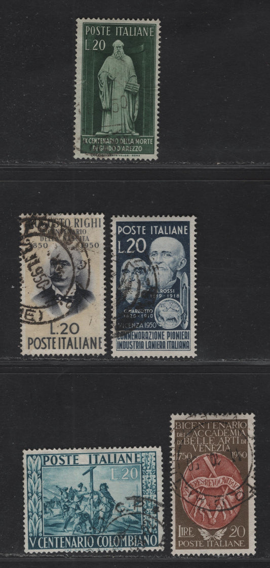 Lot 194 Italy SC#541, 543, 547-548, 578 20l- 55l Dark Green - Prussian Green Guido d'Arezzo - Landing of Columbus, 1950-1951 900th Death Anniv of Guido D'Arezzo - 500th Birth Anniv of Columbus Issues, 5 Fine/Very Fine Used Singles