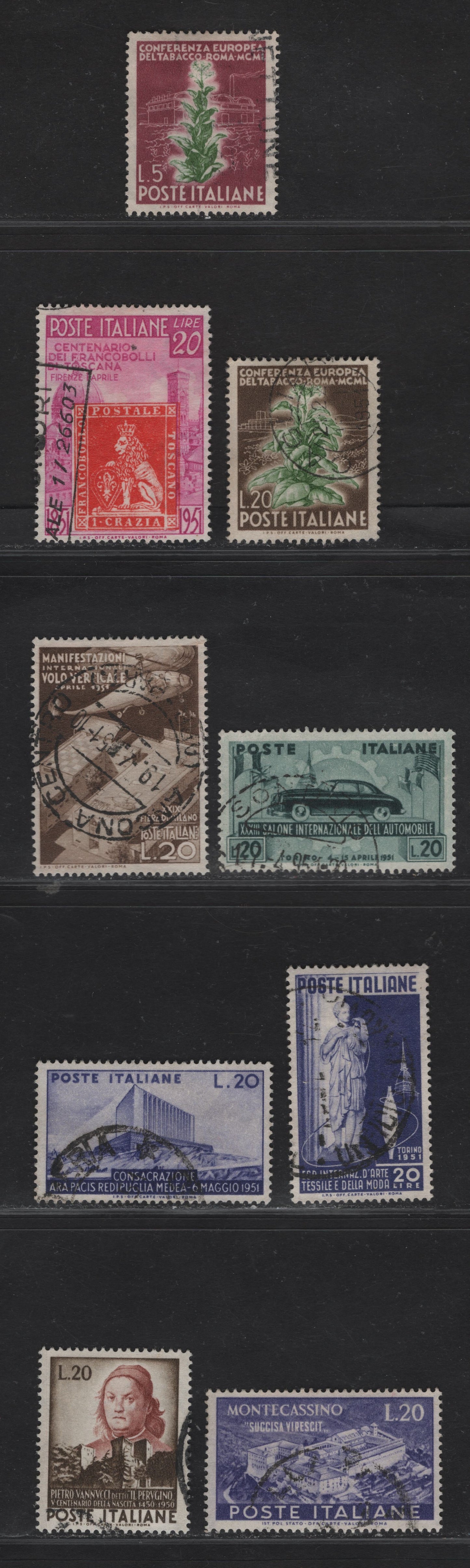 Lot 195 Italy SC#544-545, 568, 570-572, 577, 579, 581 5l - 20l Deep Claret & Green - Brown & Red Brown Tobacco Plant - Pietro Vannucci, 1950-1951 Tobacco Congress - 500th Birth Anniv of Pietro Vannucci Issues, 9 Very Fine Used Singles