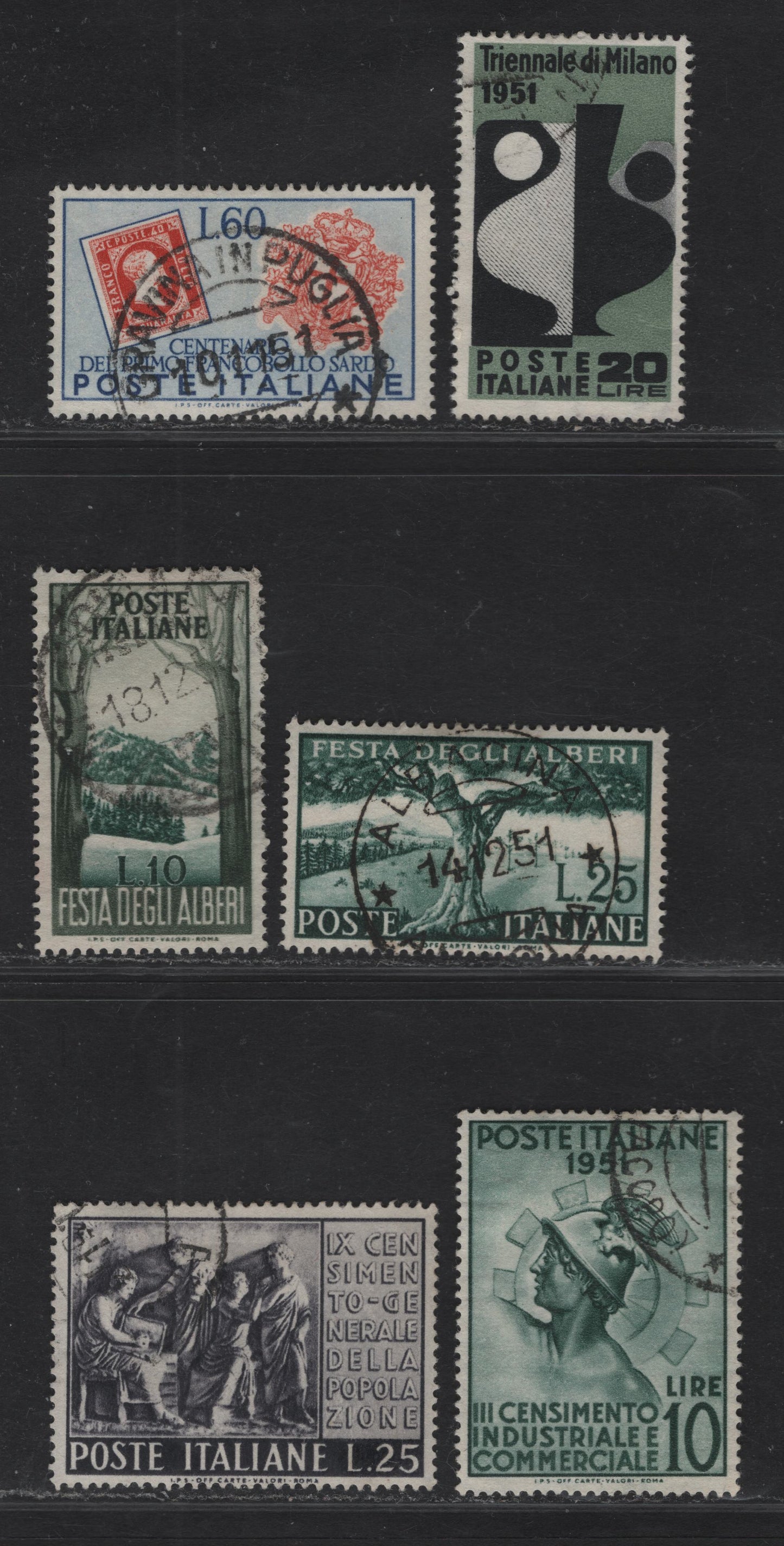 Lot 196 Italy SC#582, 589-593 20l - 25l Greenish Gray & Black - Dull Green Stylized Vase - Trees, 1951 Triennial Art Exhibition - Festival of Trees Issues, 6 Very Fine Used Singles