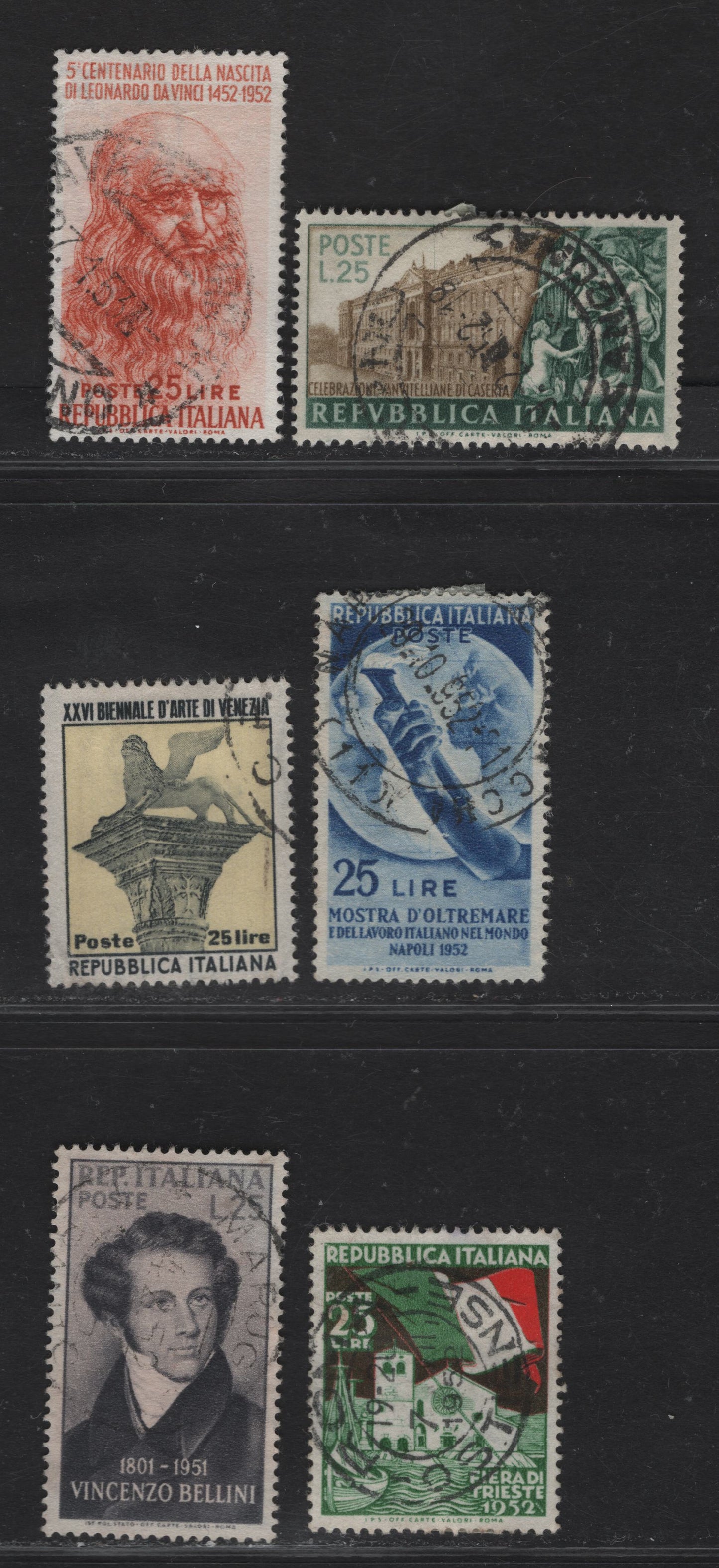 Lot 198 Italy SC#597-598, 601, 604-605, 607 25l Gray & Gray Black - Deep Green, Dark Brown & Red Vincenzo Bellini - Flag - Basilica of St Just, 1952 Bellini - 4th International Sample Fair of Trieste Issues, 6 Very Fine Used Singles