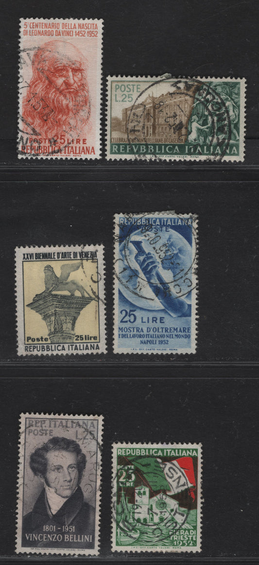 Lot 198 Italy SC#597-598, 601, 604-605, 607 25l Gray & Gray Black - Deep Green, Dark Brown & Red Vincenzo Bellini - Flag - Basilica of St Just, 1952 Bellini - 4th International Sample Fair of Trieste Issues, 6 Very Fine Used Singles