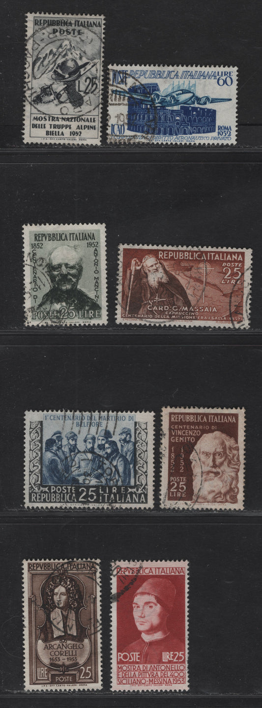 Lot 201 Italy SC#610-612, 616-621, 624 25l Gray - Dark Brown Mountain Peak & Climbing Equipment - Arcangelo Corelli, 1952-1953 National Exhibition of Alpine Troops - Corelli Issues, 10 Fine/Very Fine Used Singles