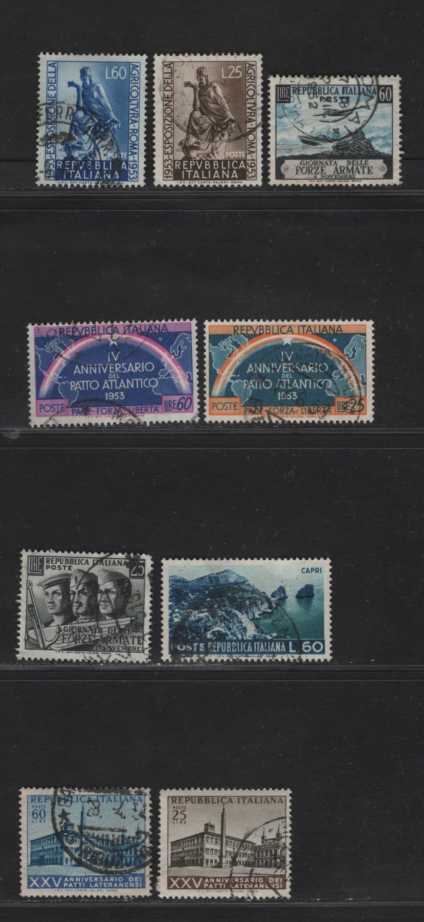 Lot 202 Italy SC#614-615, 635-638, 646-648 25l - 60l Black & Dark Brown - Blue & Ultramarine Sailor, Soldier & Navigator - Lateran Palace, 1952-1954 Armed Forces Day - Signing of Lateran Pacts Issues, 9 Fine/Very Fine Used Singles