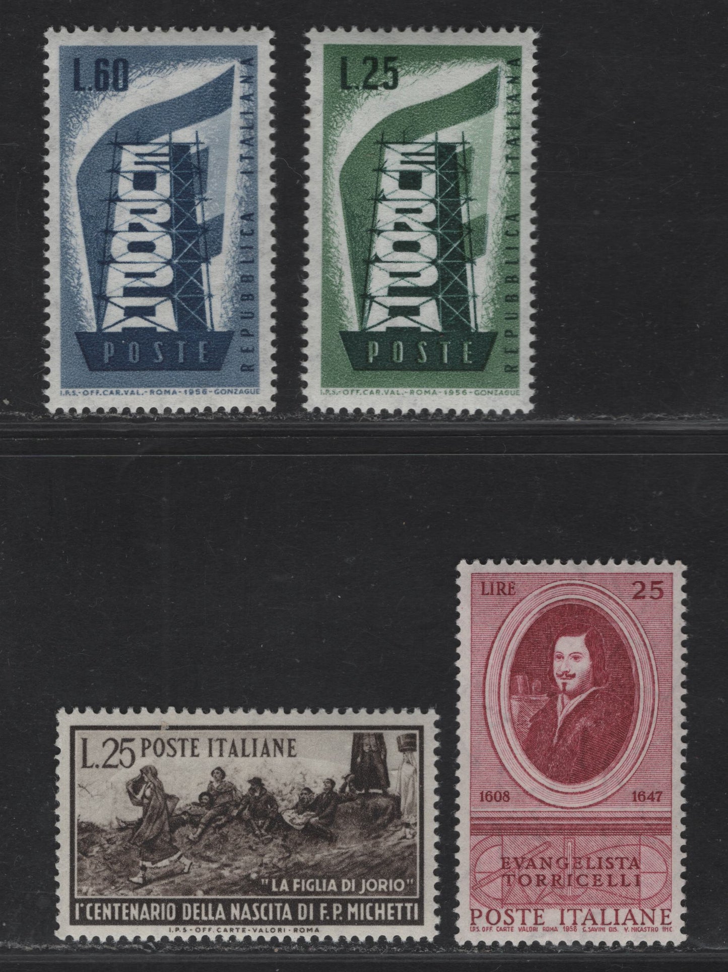 Lot 203 Italy SC#586, 715-716, 754 25l Dark Brown - Rose Claret La Figlia di Jorio - Evangelista Torricelli, 1951-1957 Michetti - Torichelli Issues, 4 VFNH Singles