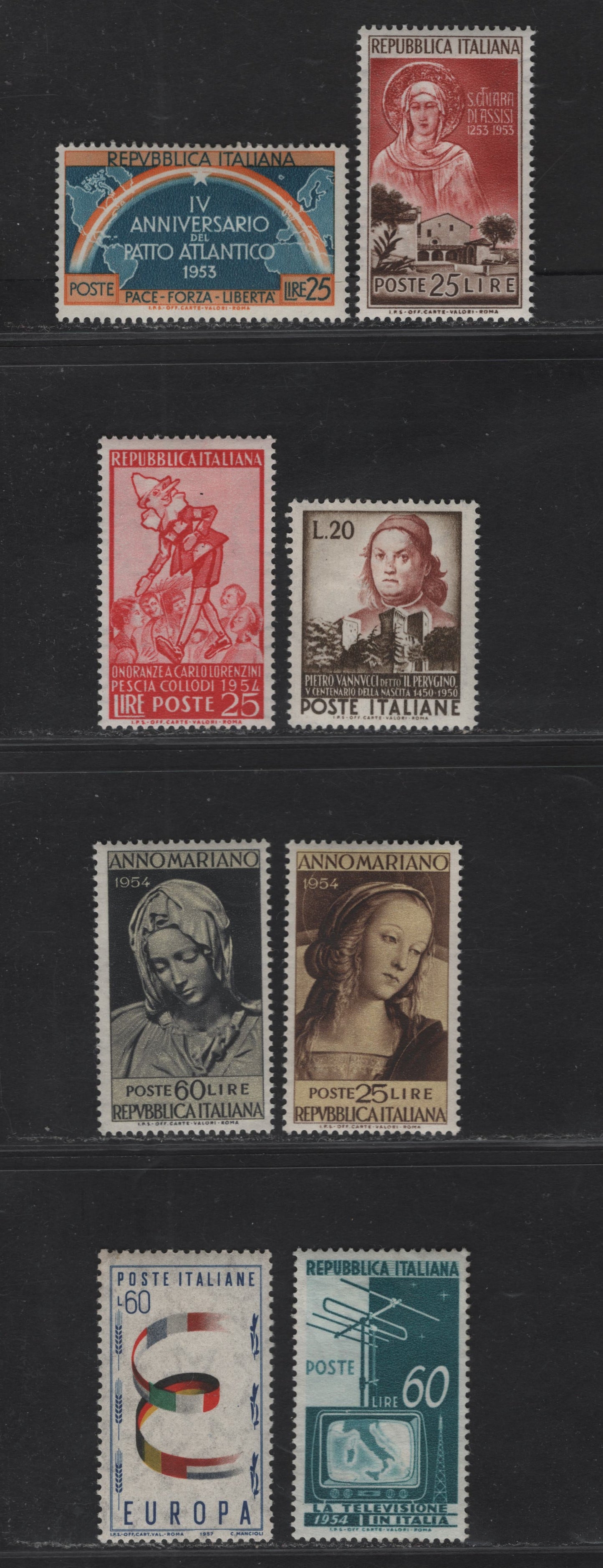 Lot 205 Italy SC#625, 637, 581, 660, 663-664, 650, 727 20l - 60l Brown & Red Brown - Multicolored Pietro Vannucci - United Europe, 1950-1957 Vanucci - Europa Issues, 8 F/VFOG Singles