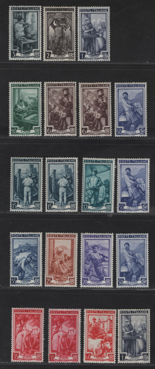 Lot 206 Italy SC#549-558, 560, 563-564 50c - 60l Violet Blue - Red Blacksmith - Grain Cart, 1950 Trades Definitive Issue, 19 F/VFOG Singles, Some Shade & Gum Varieties