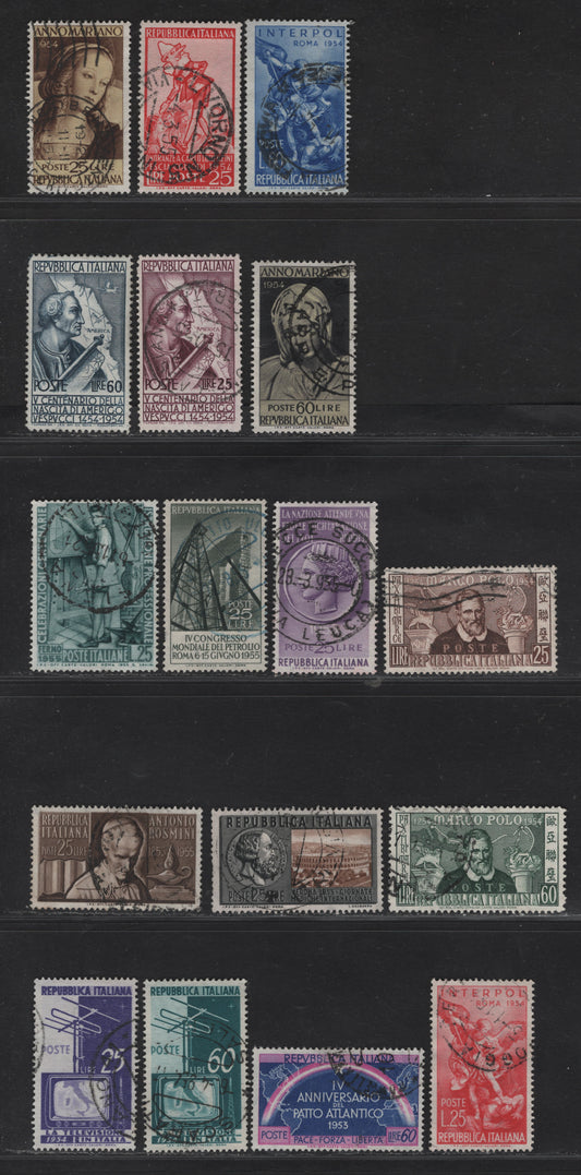Lot 207 Italy SC#655-656, 658-660, 663-666, 691-692, 694-695, 697, 638 60c - 25l Lilac Rose & Violet Blue - Prussian Green, 1953-1955 North Atlantic Treatty - Technical Education Issues, 15 Fine/Very Fine Used Singles
