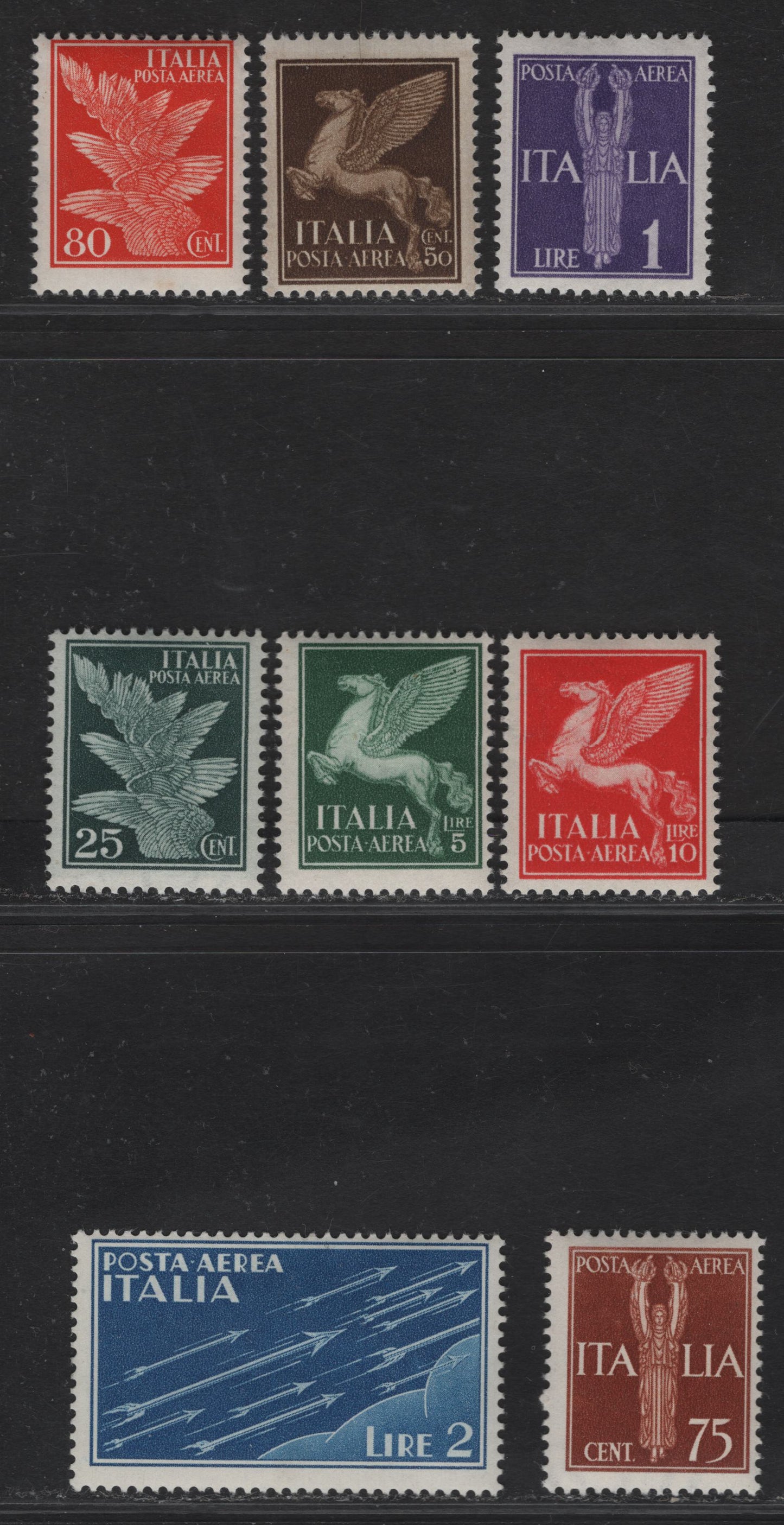 Lot 210 Italy SC#C12-C19 25c - 10l Dark Green - Orange Red Pegasus - Arrows, 1930-1932 Airmail Issue, 8 F/VFNH/OG Singles, All NH Except 2l