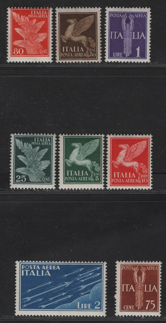 Lot 210 Italy SC#C12-C19 25c - 10l Dark Green - Orange Red Pegasus - Arrows, 1930-1932 Airmail Issue, 8 F/VFNH/OG Singles, All NH Except 2l