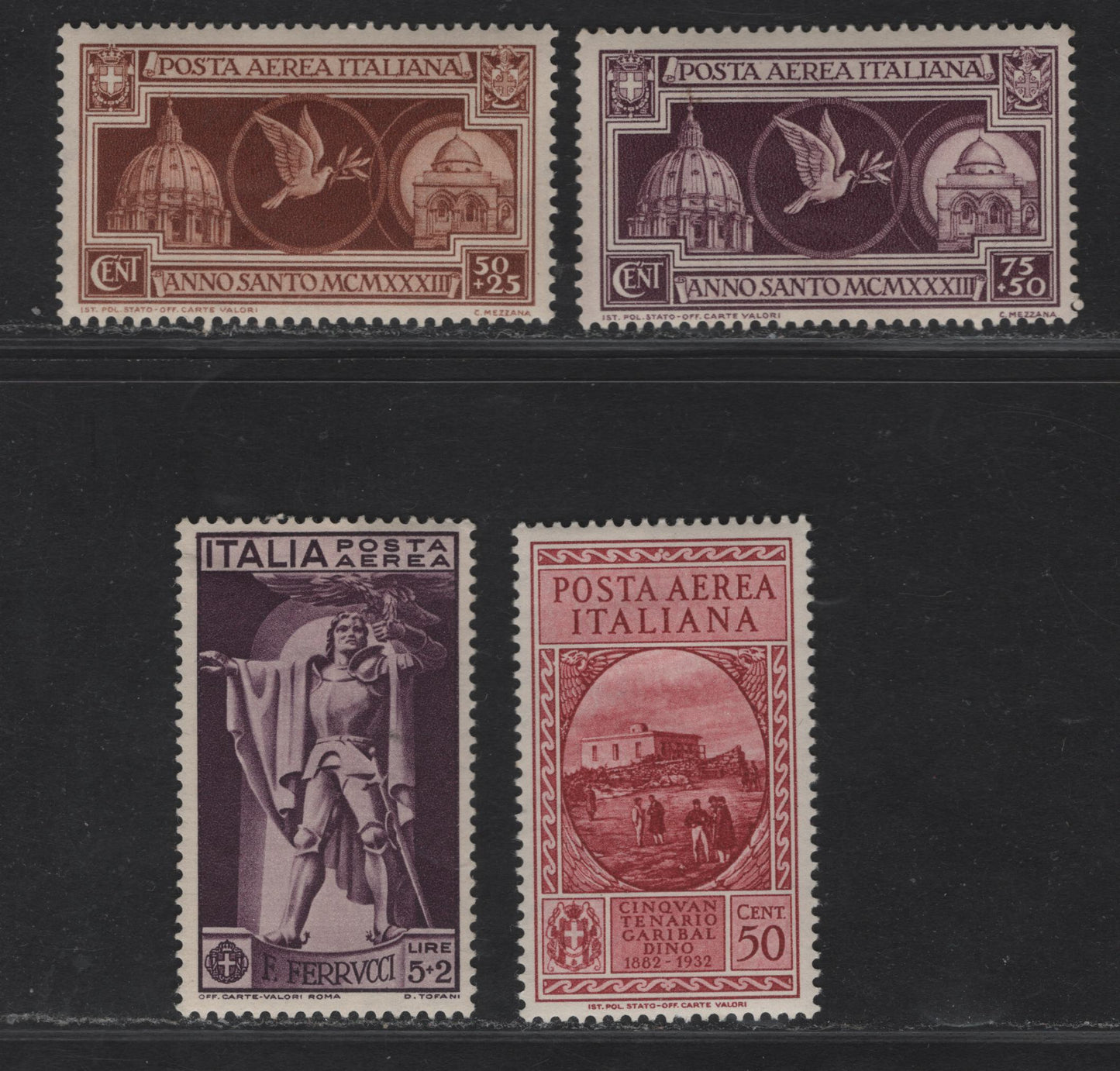 Lot 211 Italy SC#C22, C35, CB1-CB2 5l+2l - 75c+50c Brown Violet Ferrucci - Church of Holy Sepulcher, 1930-1933 Airmail - Air Post Semi Postal Issues, 4 VFOG Singles, All Except C35 Have Some Gum Toning