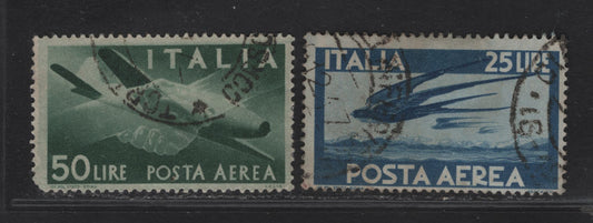 Lot 213 Italy SC#C111, C113 25l - 50l Blue - Dark Green Plane & Grasped Hands - Swallows in Flight, 1945-1947 Airmail Issue, 2 Fine Used Singles, Wing Wheel Wmk