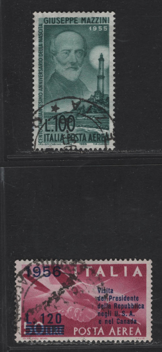 Lot 215 Italy SC#C129, C136 100l - 120l on 50l Prussian Green - Magenta Mazzini - Pres. Giovanni Gronchi to the US & Canada, 1955-1956 Mazzini - Presidential Visit Issues, 2 Very Fine Used Singles