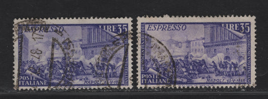 Lot 218 Italy SC#E26 5l Bluish & Reddish Blue Violet Napoli, 1948 Centenary of Risiorgimento Uprising Special Delivery Issue, 2 Fine Used Singles, 2 Shades, One More Bluish Than The Other